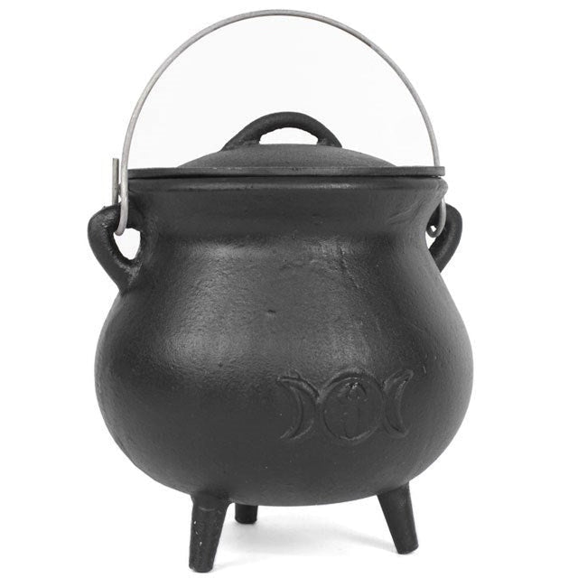 7.5" Cast Iron Cauldron with Triple Moon Design with Handle - Magick Magick.com