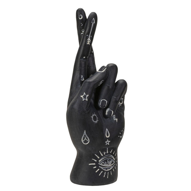 7.8" Palmistry Hand Statue - Black Fingers Crossed - Magick Magick.com