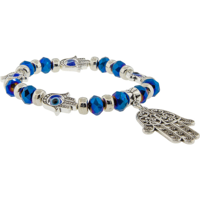 8 mm Elastic Bracelet - Evil Eye Protection - Iridescent Blue with Fatima Hand - Magick Magick.com