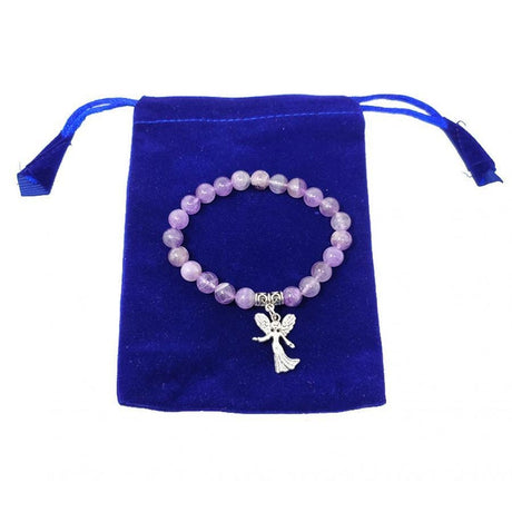 8 mm Elastic Bracelet Round Beads - Amethyst with Angel in Velvet Bag - Magick Magick.com