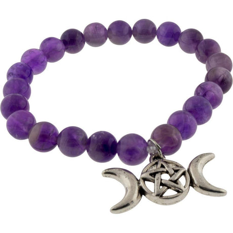8 mm Elastic Bracelet Round Beads - Amethyst with Pentacle Triple Moon - Magick Magick.com