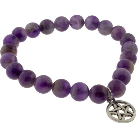 8 mm Elastic Bracelet Round Beads - Amethyst with Pentacle - Magick Magick.com