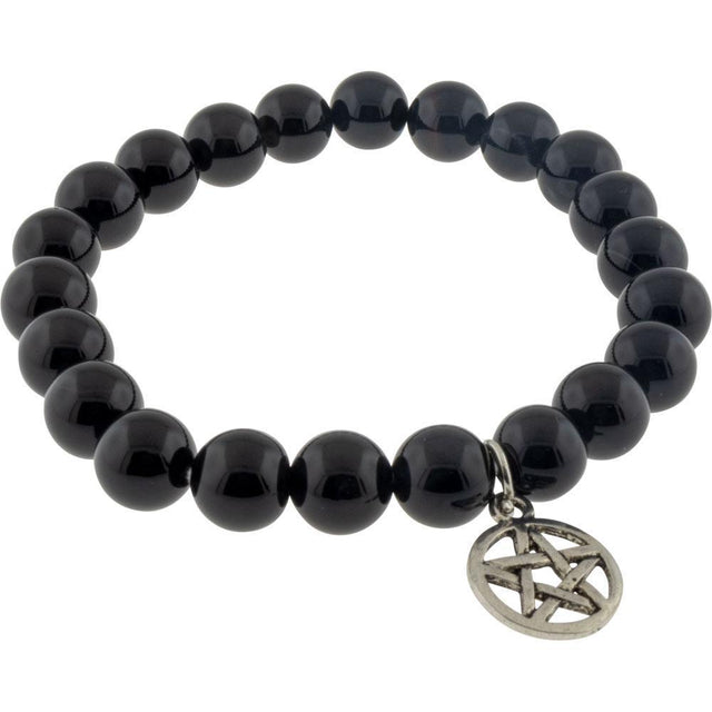 8 mm Elastic Bracelet Round Beads - Black Agate with Pentacle - Magick Magick.com