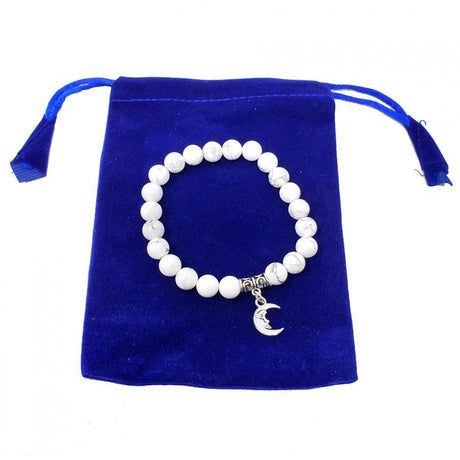 8 mm Elastic Bracelet Round Beads - Howlite with Crescent Moon in Velvet Bag - Magick Magick.com
