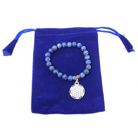 8 mm Elastic Bracelet Round Beads - Lapis with Flower of Life in Velvet Bag - Magick Magick.com