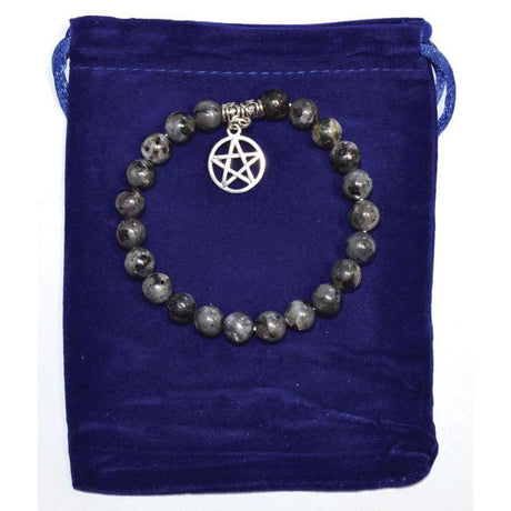 8 mm Elastic Bracelet Round Beads - Larvikite with Pentagram in Velvet Bag - Magick Magick.com