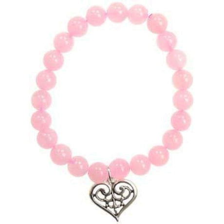 8 mm Elastic Bracelet Round Beads - Rose Quartz with Heart Charm - Magick Magick.com