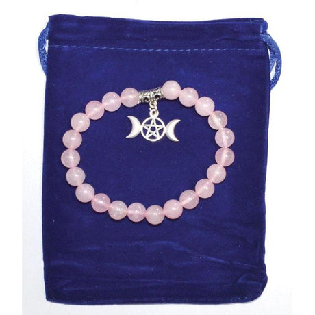 8 mm Elastic Bracelet Round Beads - Rose Quartz with Triple Moon in Velvet Bag - Magick Magick.com