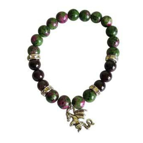 8 mm Elastic Bracelet Round Beads - Ruby Zoisite, Garnet with Dragon - Magick Magick.com
