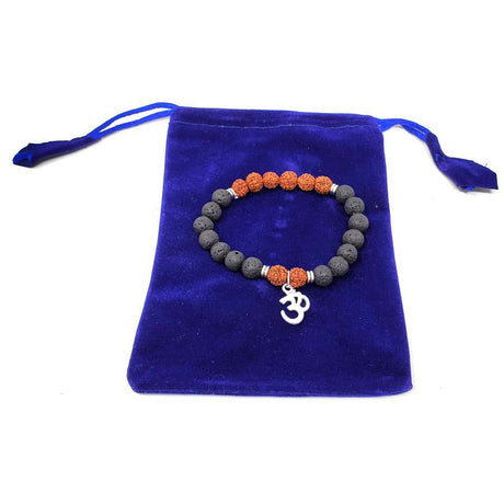 8 mm Elastic Bracelet Round Beads - Rudraksha & Lava with Om in Velvet Bag - Magick Magick.com
