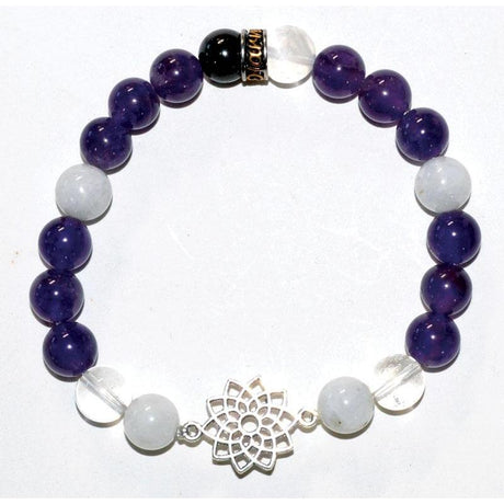 8 mm Elastic Bracelet Round Beads - Shungite, Selenite, Amethyst, Rainbow Moonstone, Quartz with Crown Chakra - Magick Magick.com