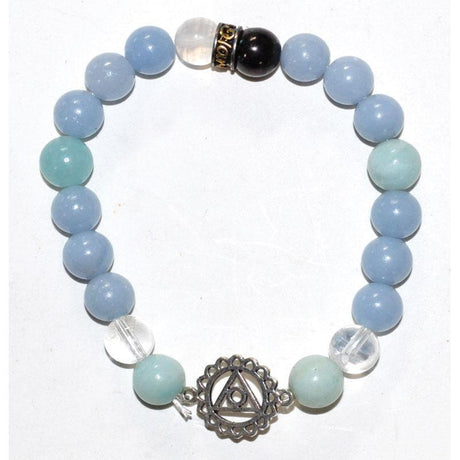 8 mm Elastic Bracelet Round Beads - Shungite, Selenite, Angelite, Amazonite, Quartz with Throat Chakra - Magick Magick.com