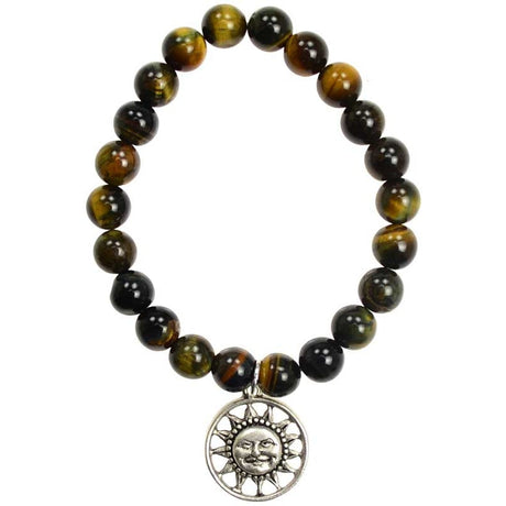 8 mm Elastic Bracelet Round Beads - Tiger Eye with Smiling Sun - Magick Magick.com