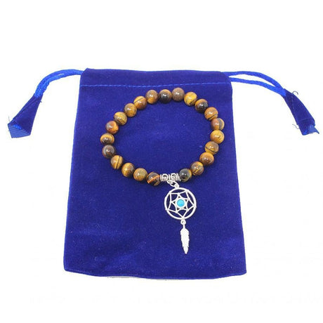 8 mm Elastic Bracelet Round Beads - Tiger's Eye with Dreamcatcher in Velvet Bag - Magick Magick.com