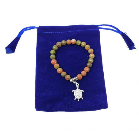 8 mm Elastic Bracelet Round Beads - Unakite with Turtle in Velvet Bag - Magick Magick.com