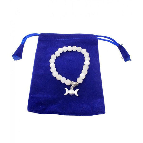 8 mm Elastic Bracelet Round Beads - White Agate with Triple Moon in Velvet Bag - Magick Magick.com