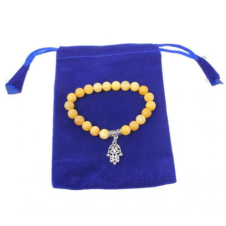 8 mm Elastic Bracelet Round Beads - Yellow Aventurine with Hasma Hand in Velvet Bag - Magick Magick.com
