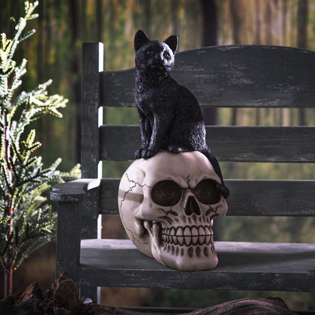 9.25" Skeleton Statue - Black Cat on Skull - Magick Magick.com