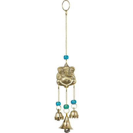 9.5" Brass Bell Chime - Ganesh with Blue Beads - Magick Magick.com