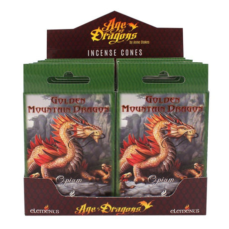 Anne Stokes Incense Cones Display - Golden Mountain Dragon (12 Packs of 15 Cones) - Magick Magick.com