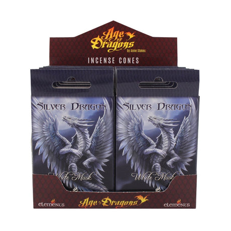 Anne Stokes Incense Cones Display - Silver Dragon (12 Packs of 15 Cones) - Magick Magick.com