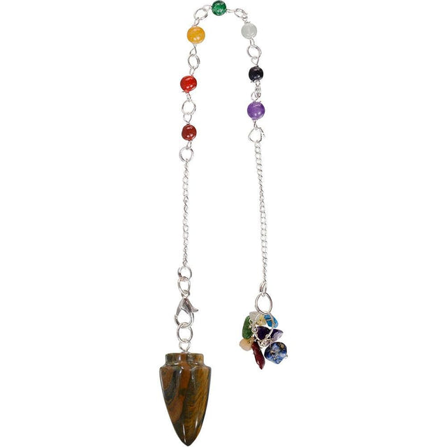 Curved Pendulum - Tiger Eye with Chakra Chain - Magick Magick.com