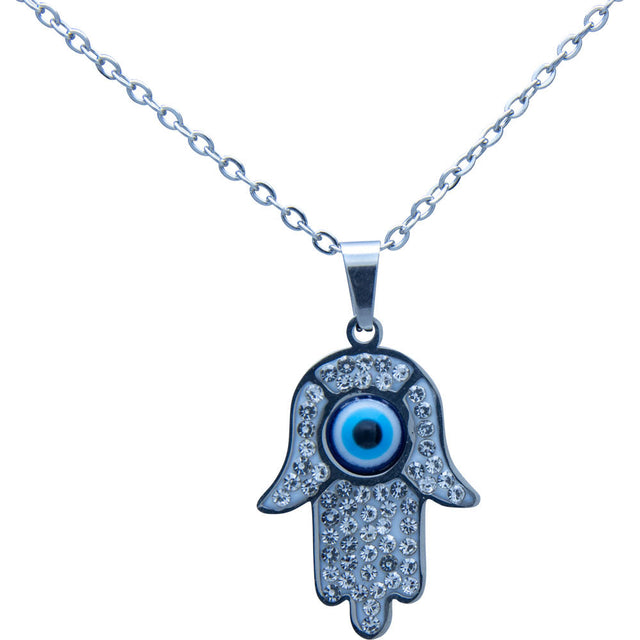 Evil Eye Protection Necklace - Fatima Hand with Gems - Silver - Magick Magick.com