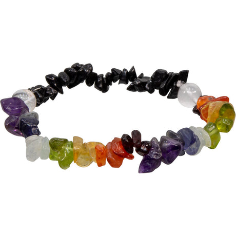 Gemstone Chips Elastic Bracelet - Chakras with Black Tourmaline - Magick Magick.com