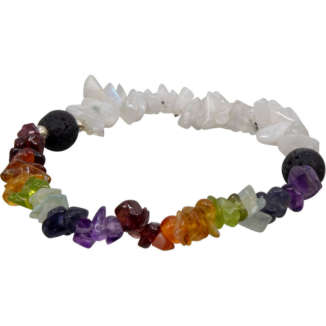 Gemstone Chips Elastic Bracelet - Chakras with Rainbow Moonstone - Magick Magick.com