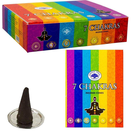 Green Tree Cones in Display Box of 10 Cones - 7 Chakras (Pack of 12) - Magick Magick.com