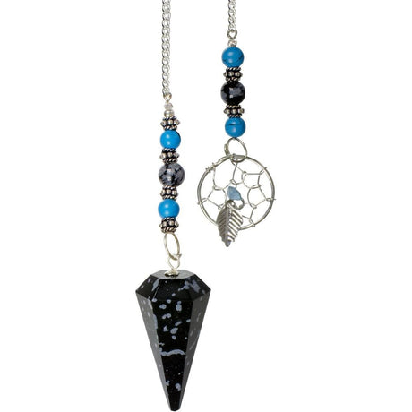 Hexagonal Pendulum - Snowflake Obsidian with Dreamcatcher - Magick Magick.com