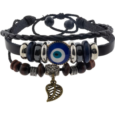 Leather Protection Bracelet - Evil Eye - Black with Feather - Magick Magick.com