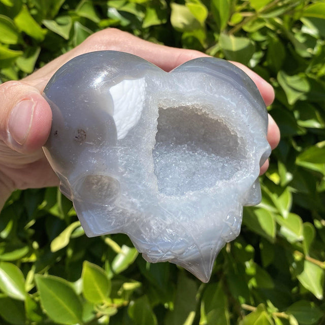Natural Agate Geode Hand Carved Double Sided Skull Head Heart - .90 lbs (4 x 4 x 2 inches) - Magick Magick.com