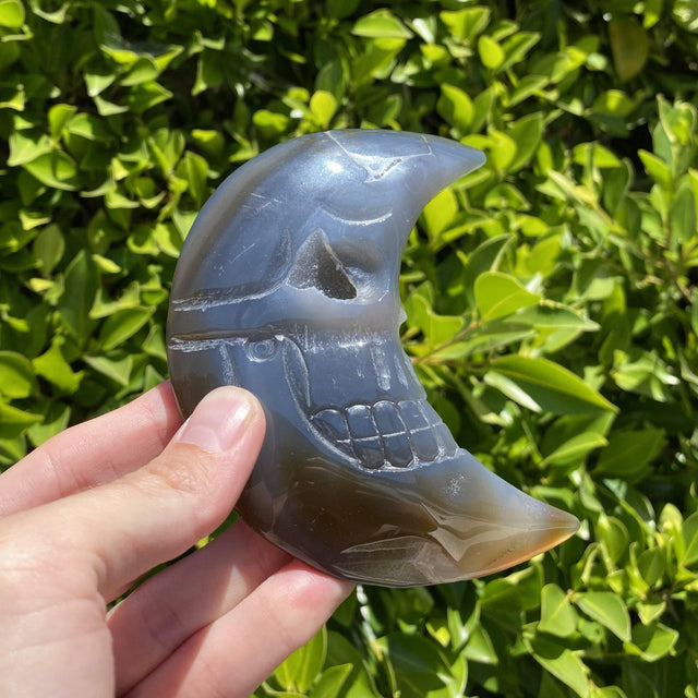 Natural Agate Geode Hand Carved Moon Skull Face A - .62 lbs (5 x 3.5 x .75 inches) - Magick Magick.com