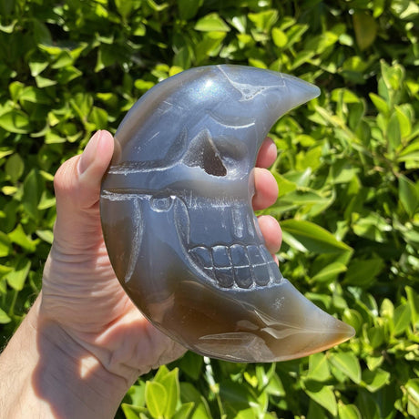 Natural Agate Geode Hand Carved Moon Skull Face A - .62 lbs (5 x 3.5 x .75 inches) - Magick Magick.com