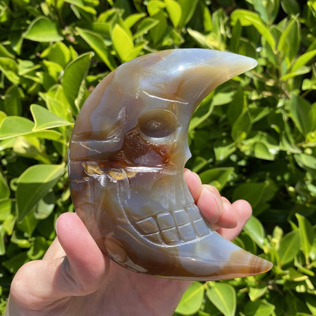 Natural Agate Geode Hand Carved Moon Skull Face C - .48 lbs (4.25 x 3.5 x .75 inches) - Magick Magick.com