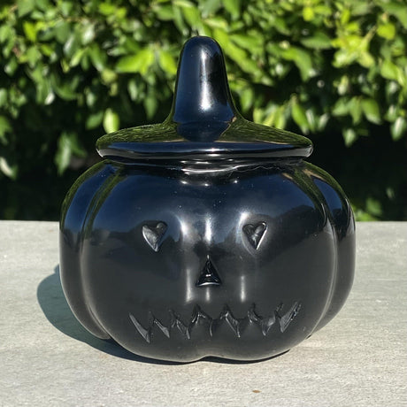 Natural Black Obsidian Hand Carved Large Pumpkin with Face 1 - 1.90 lbs (4 x 3.75 inch) - Magick Magick.com