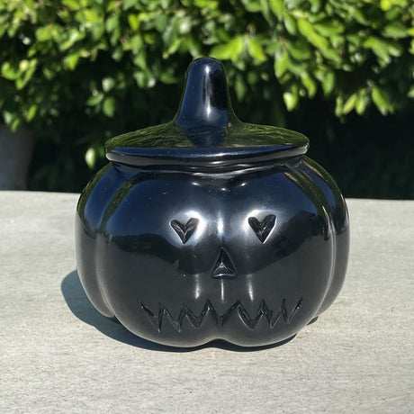Natural Black Obsidian Hand Carved Large Pumpkin with Face 2 - 1.72 lbs (3.5 x 3.75 inch) - Magick Magick.com