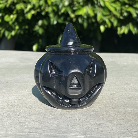 Natural Black Obsidian Hand Carved Small Pumpkin with Face - .48 lbs (2.25 x 2.5 inch) - Magick Magick.com