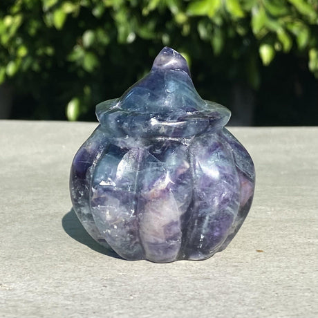 Natural Fluorite Hand Carved Small Pumpkin with Face 2 - .48 lbs (2.25 x 2.5 inch) - Magick Magick.com