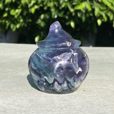 Natural Fluorite Hand Carved Small Pumpkin with Face 2 - .48 lbs (2.25 x 2.5 inch) - Magick Magick.com