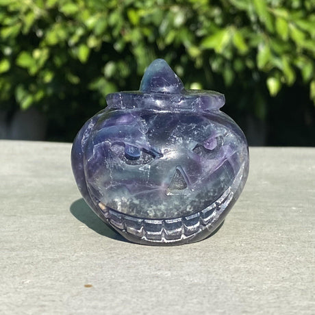 Natural Fluorite Hand Carved Small Pumpkin with Face 4 - .50 lbs (2.25 x 2.25 inch) - Magick Magick.com