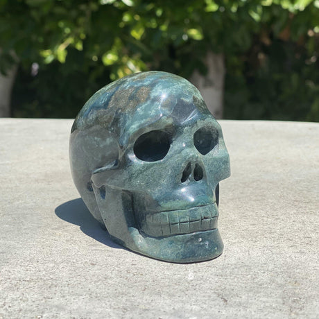 Natural Green Moss Agate Hand Carved Skull - 1.38 lbs (4 x 2.5 x 3 inches) - Magick Magick.com