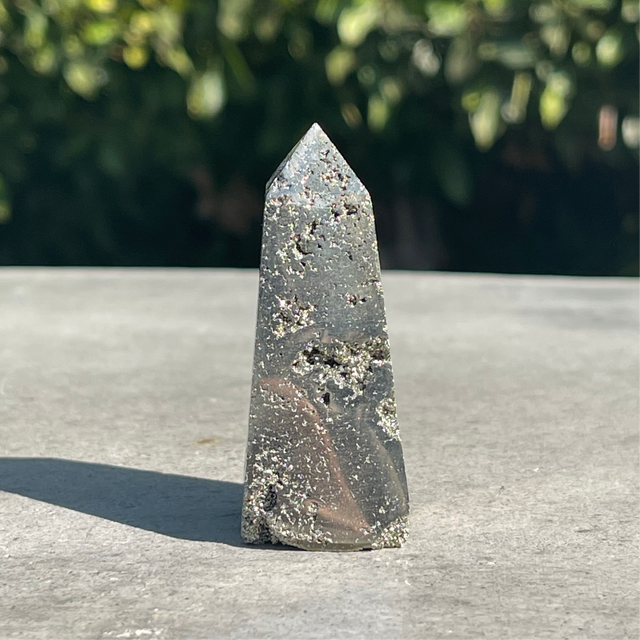Natural Pyrite Hand Carved Crystal Point Obelisk with Druzy - .20 lbs (1 x 2.5 inch) - Magick Magick.com