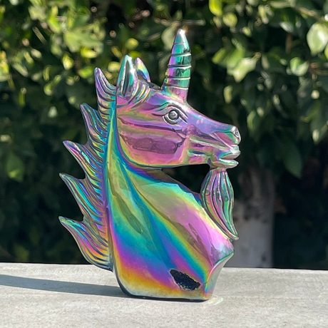 Natural Rainbow Aura Agate Hand Carved Crystal Unicorn with Druzy 2 - .44 lbs (3.5 x 4.5 x .75 inch) - Magick Magick.com