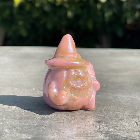 Natural Rose Pink Aura Agate Hand Carved Crystal Ghost with Broom - .18 lbs (2 x 1.5 x 2 inch) - Magick Magick.com