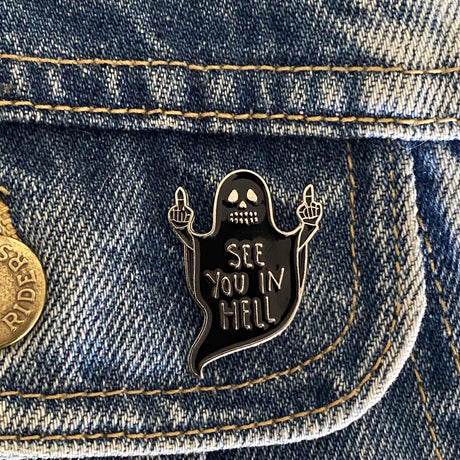 See You In Hell Ghost Middle Finger Enamel Pin - Magick Magick.com