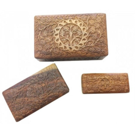 Tree of Life Carved Wooden Box Set of 3 (8", 6.5", 5.5" inch) - Magick Magick.com
