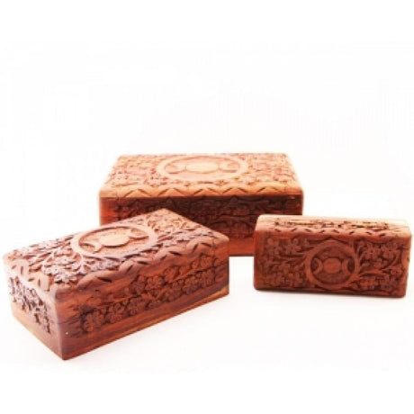 Triple Moon Carved Wooden Box Set of 3 (8", 6.5", 5.5" inch) - Magick Magick.com